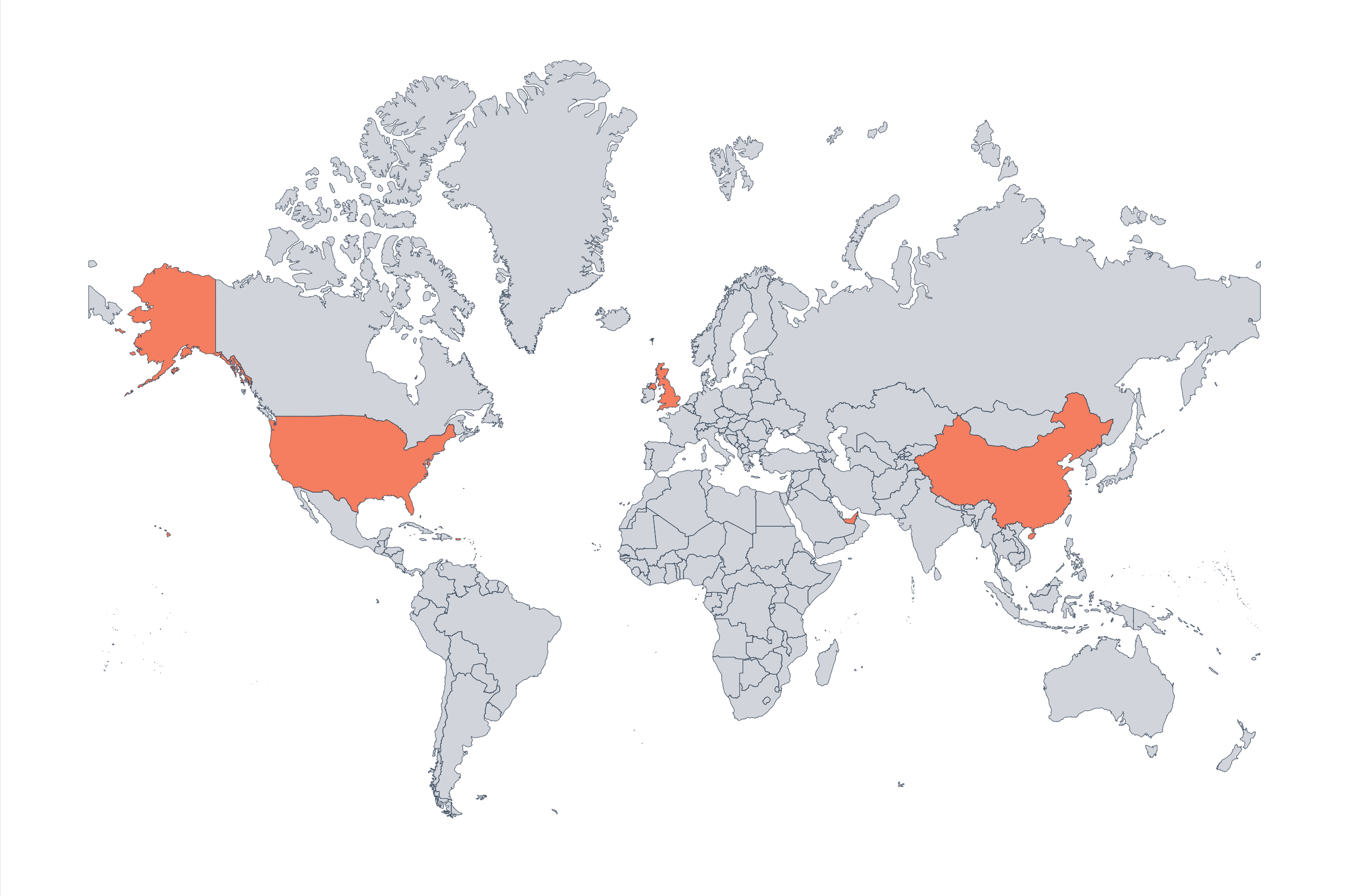 World map highlighting our four shipping origins: the US, UK, China and UAE